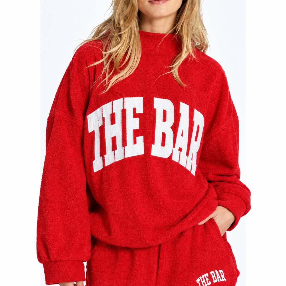 The Bar Terry High Neck Sweatshirt Red White Graphic Logo Cotton Pullover 2XL